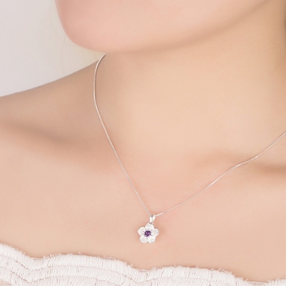 Flower Pendant Necklace Pink Gemstone Silver Set - Picture 2 of 7